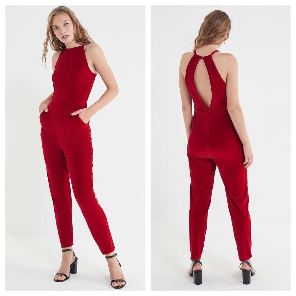 NWT UO Velvet High Neck Halter Jumpsuit - Red